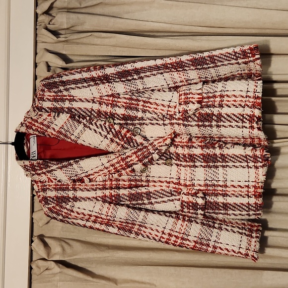 ZARA NEW WOMAN TWEED JACKET WITH GEM BUTTON BLAZER ECRU/RED TARTAN Size us.small - Picture 3 of 15